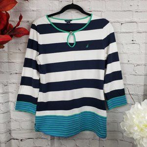 NAUTICA BLUE WHITE & GREEN STRIPE BLOUSE SIZE M